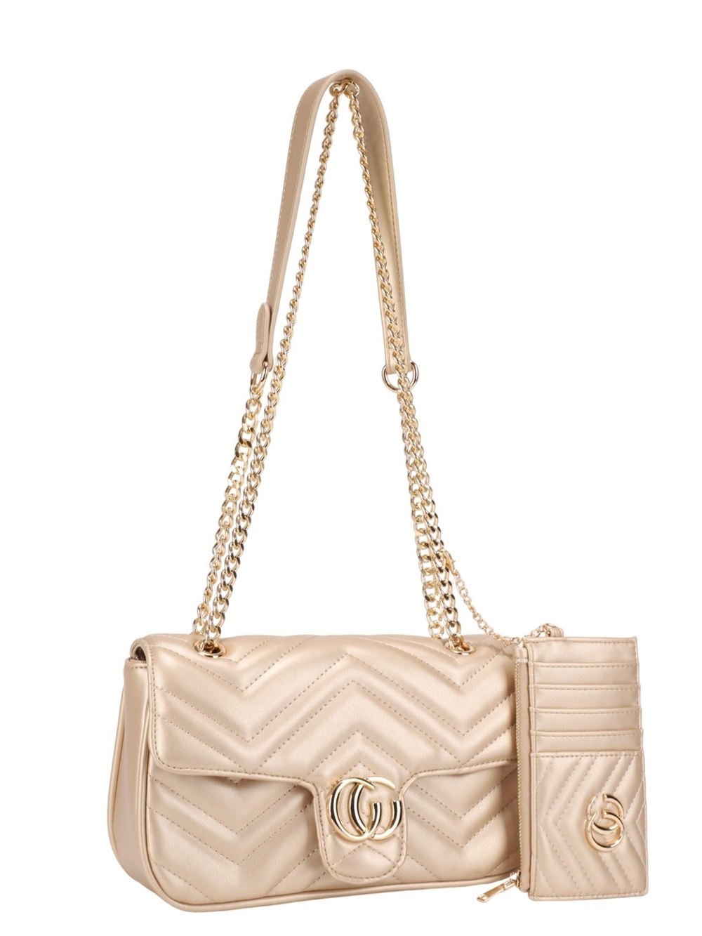 Alyssa Gold Quilted Chain Shoulder Bag with Card Holder